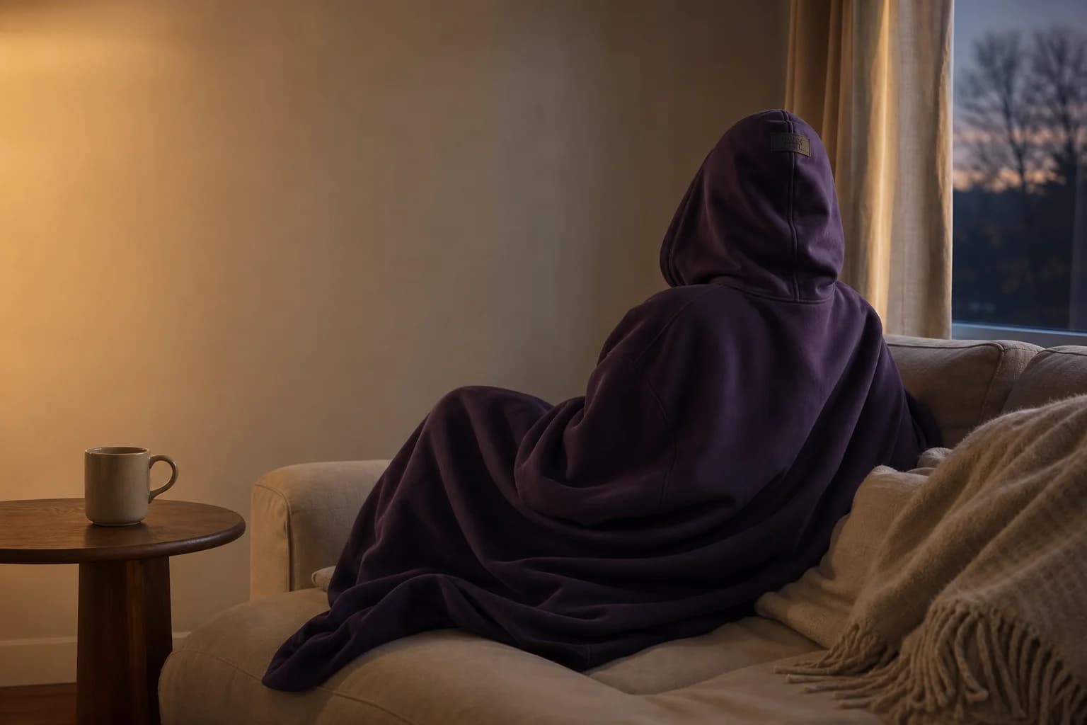 Akşam ışığında, kanepeye gömülmüş Cocoon içinde biri