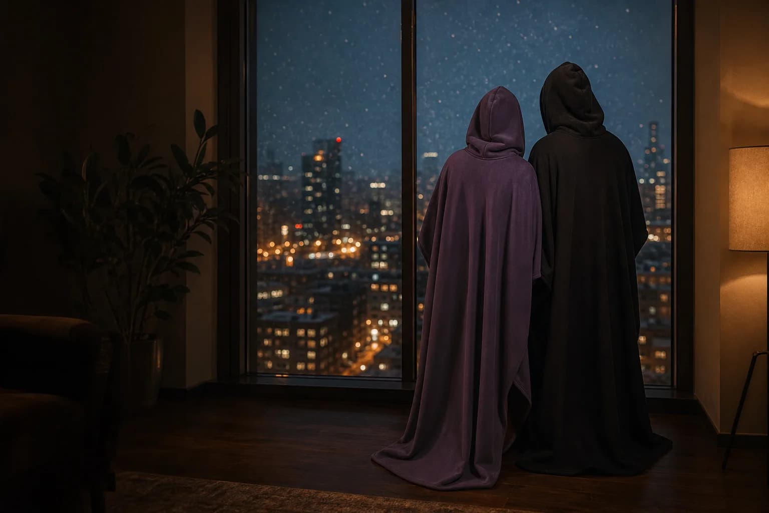 Gece, pencere önünde Cocoon içinde iki arkadaş